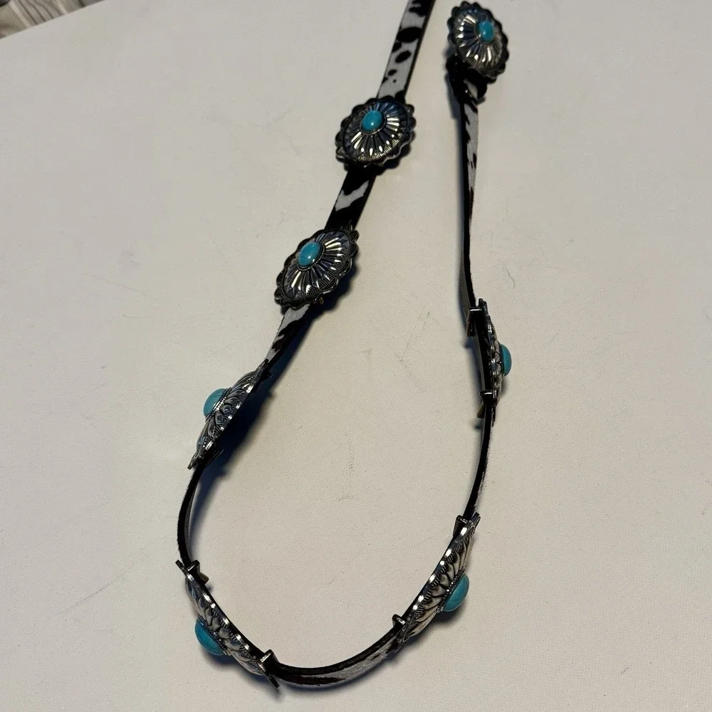 Haute Hippie Cow Print Silver and Turquoise Chain‎ Concho Belt NWT  One Size